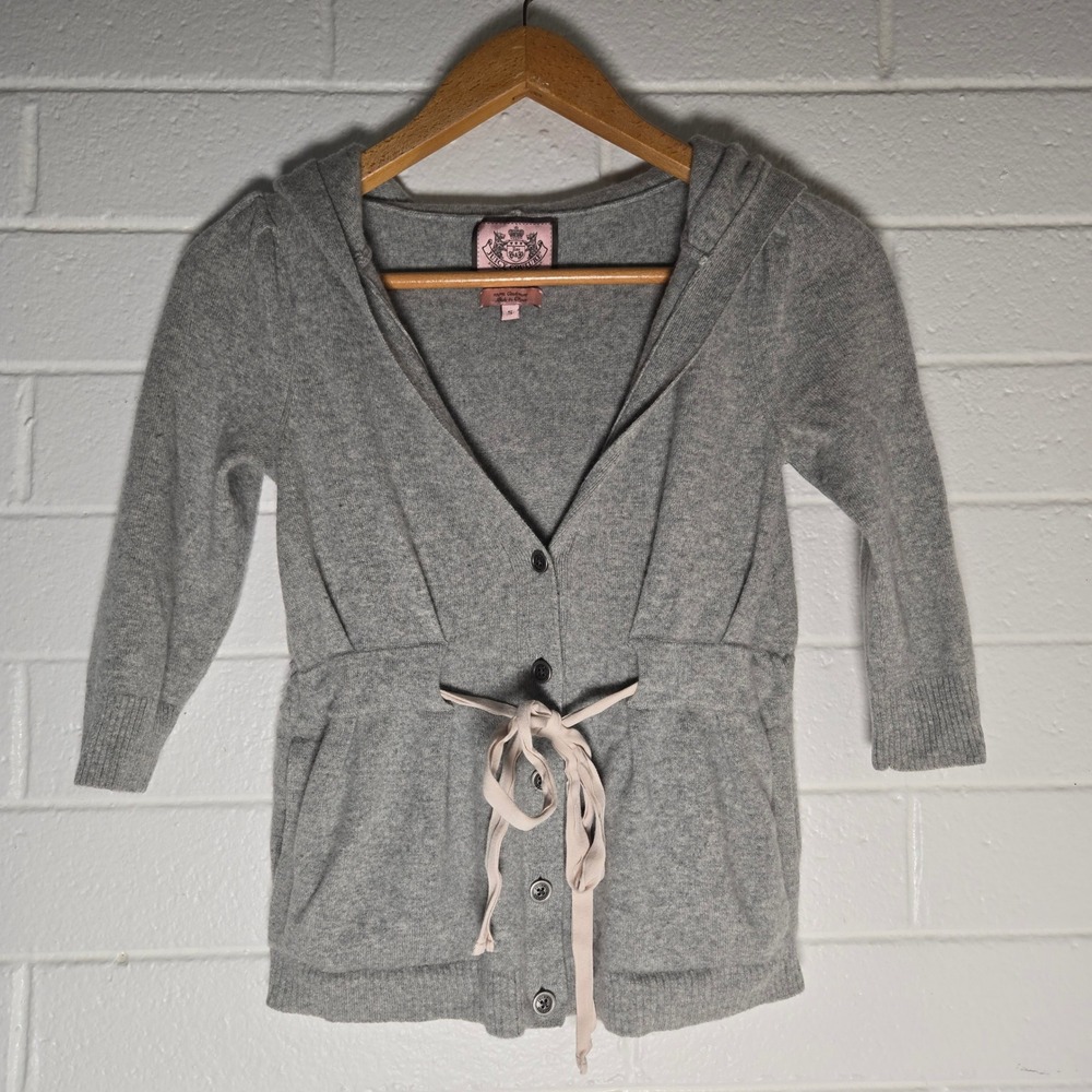 Vtg Juicy Couture 100% Cashmere Cardigan Small Grey Hooded Tie Waist Sweater